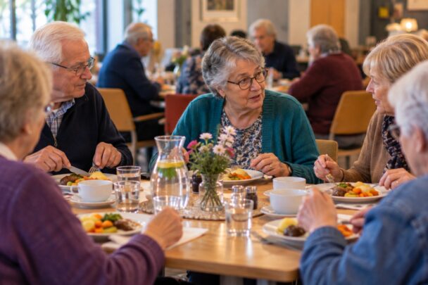 Senioren eten samen in een grotere zaal met andere mensen.