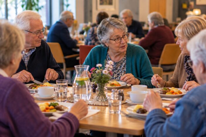 Senioren eten samen in een grotere zaal met andere mensen.