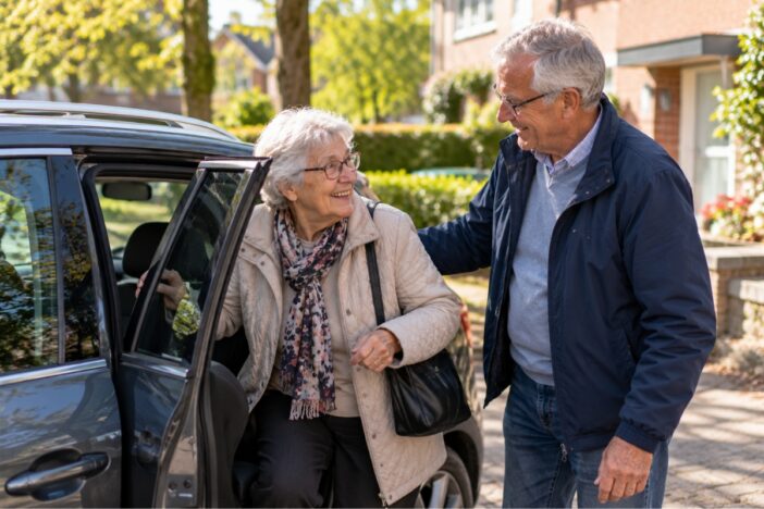 Oudere man en vrouw stappen samen in de auto.