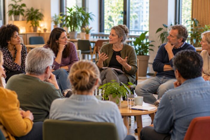 Groepje mensen volgt een bijeenkomst of workshop.
