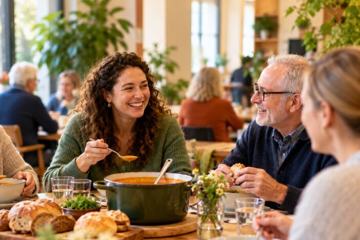 vrouw met krullen eet soep aan tafel