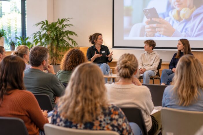 Groep mensen neemt deel aan een bijeenkomst waarbij een presentatie te zien is over smartphonegebruik. Er zijn ook twee tieners te zien voor de groep.