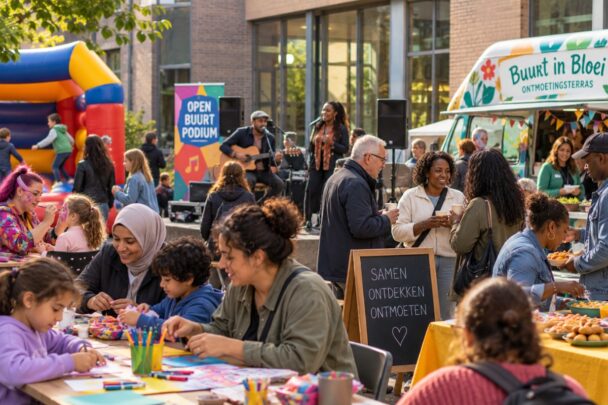 Groep mensen geniet van een feest met o.a. schminken en een springkussen