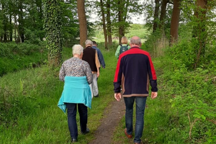 vier mensen wandelen in natuur