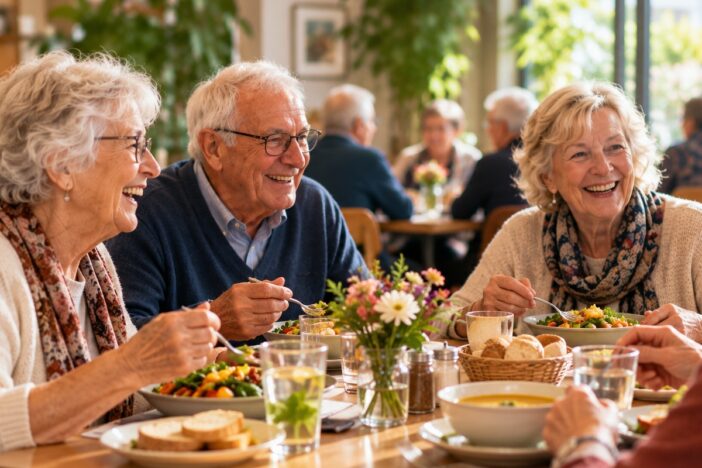drie ouderen mensen eten maaltijd aan tafel
