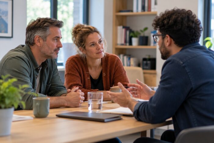 Man en vrouw in gesprek met andere man. Ze zitten aan tafel samen.