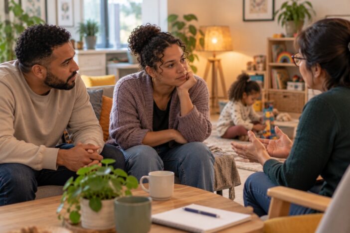 Jong gezin in gesprek met vrouw. Dochter speelt op achtergrond.