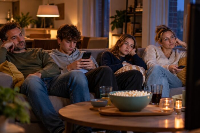 Man en vrouw kijken met dochter en zoon naar tv. Men oogt wat verveeld.
