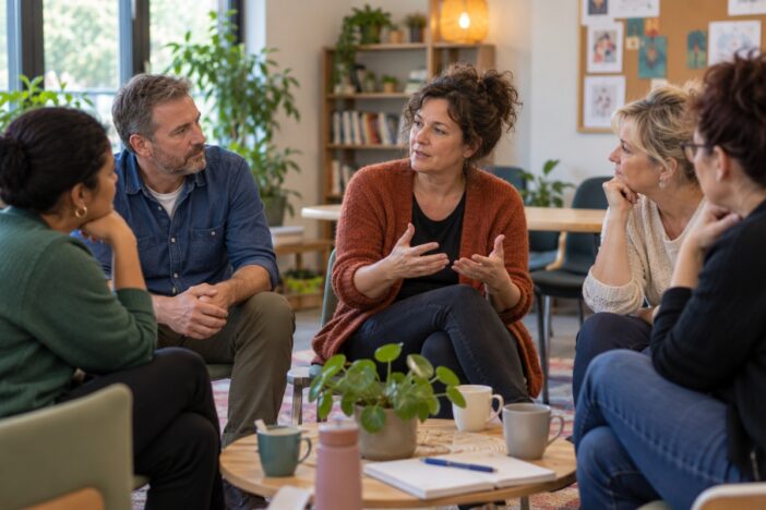 Mannen en vrouwen zitten in een kring bij een bijeenkomst. Ze voeren een gesprek met elkaar. De sfeer is gemoedelijk.