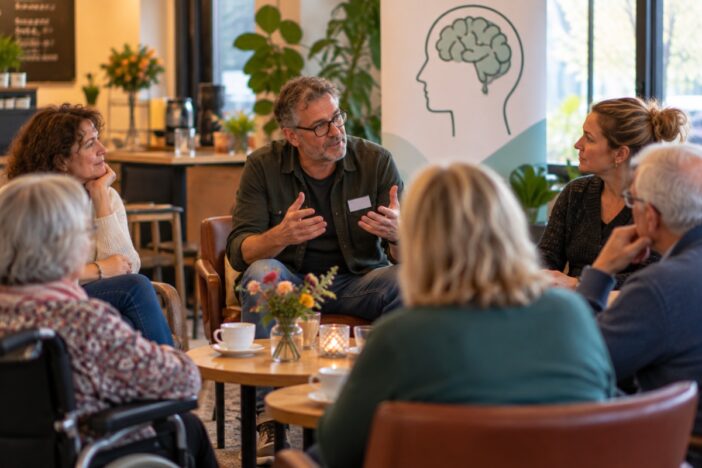 Gesprek in een groepje mensen. De sfeer is gemoedelijk. Het lijkt om een workshop of training te gaan.