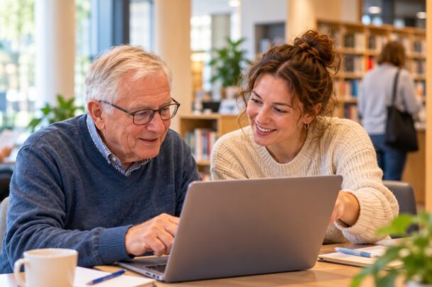 man en vrouw achter laptop