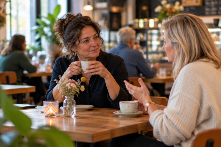 Twee vriendinnen drinken samen koffie in een koffietentje.