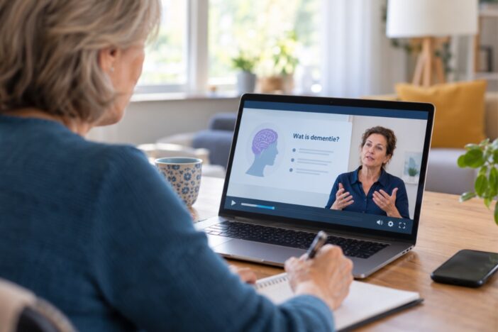 Vrouw volgt op laptop een training of presentatie over dementie.