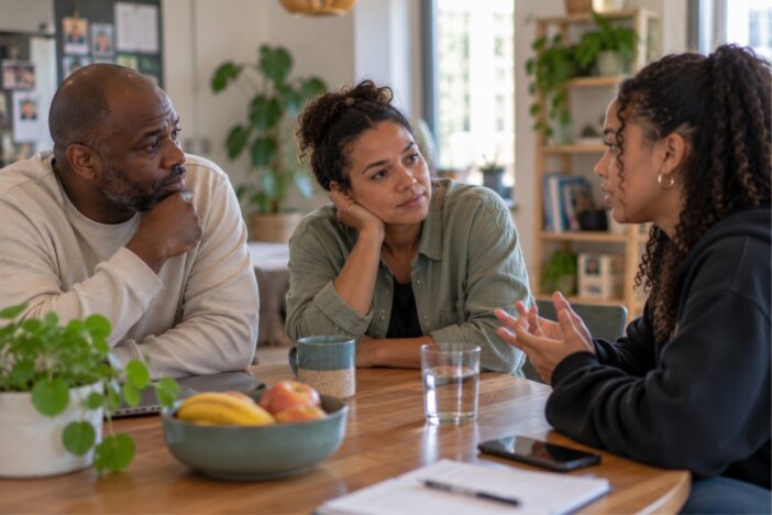 Man en vrouw zijn aan tafel in gesprek met hun puberdochter.