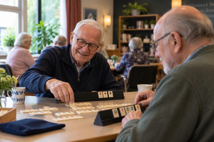 Twee ouderen spelen een potje rummikub