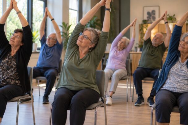 Groepje wat oudere dames en heren doet een les stoelyoga.