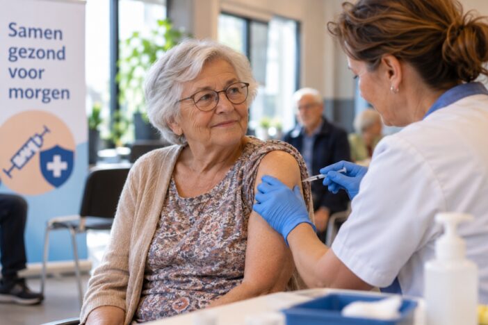 Oudere vrouw krijgt een vaccinatie van een verpleegkundige.