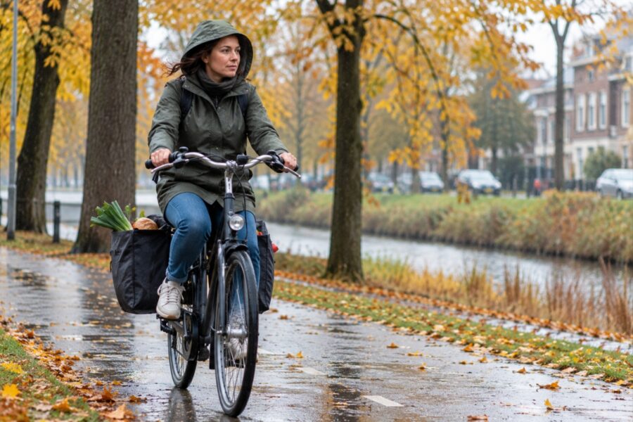Vrouw op de fiets door herfstweer.