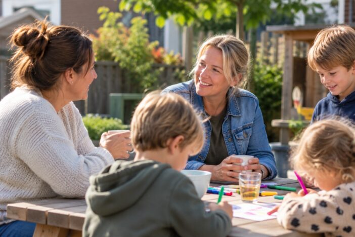 Twee vrouwen zitten samen met 3 spelende kinderen buiten.