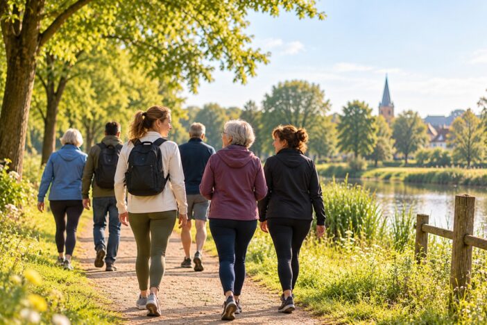 Groep mensen wandelen op een pad
