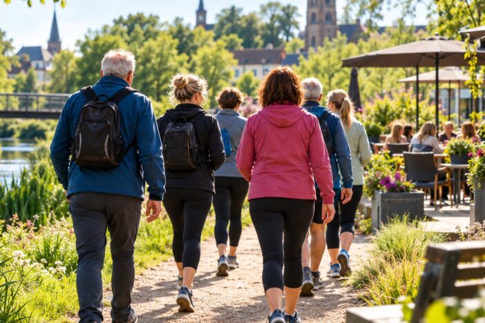 Mensen wandelen over pad richting terras