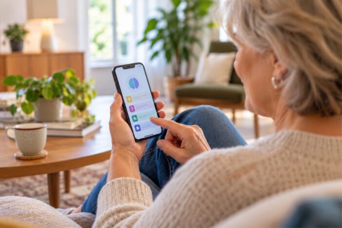 Vrouw maakt gebruik van een zorggerelateerde app op haar smartphone.